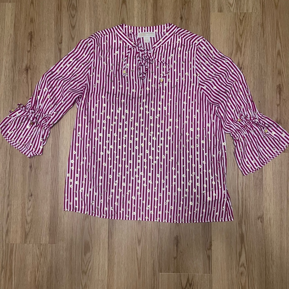 MICHAEL Michael Kors Red and Gold Boxy Tie Front Blouse